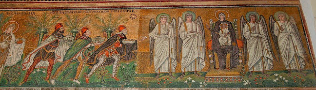 · Epifanía en el Arte Paleocristiano · Mosaico de la Virgen, el Niño y los Tres Magos · Basílica de San Apolinar el Nuevo · Rávena, Italia · S. VI d. JC. ·
