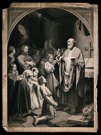 · Cristianos celebrando la comunión en las catacumbas · Litografía de Jean Baptiste Auguste Leloir (1809-1892). · Cristianos celebrando la comunión en las catacumbas · Litografía de Jean Baptiste Auguste Leloir (1809-1892).
