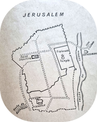 · Situación de la Iglesia de la Anástasis en Jerusalén · Crédito imagen original: Éthérie Journal de Voyage, Hélene Pétré, 1948.